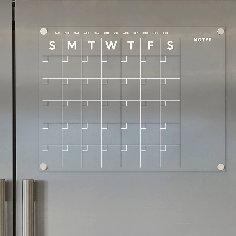 RANGÍN Arcylic Magnetic Wall Calender/Planner, white font/silver magnet,  42x32cm