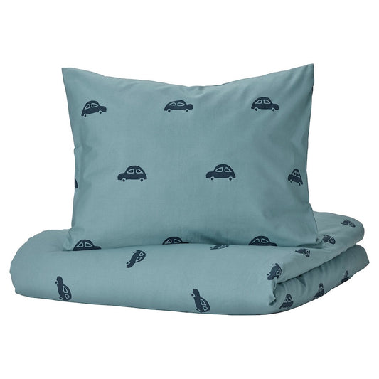 BARNDRÖM Duvet cover and pillowcase, car pattern/blue, 150x200/50x80 cm