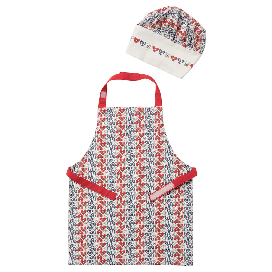 VINTERFINT Children’s apron with chef’s hat, heart pattern blue/red, 4-7 years old