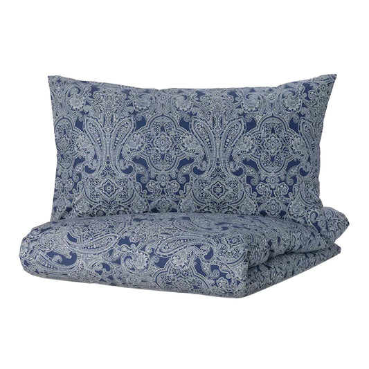 JÄTTEVALLMO Duvet cover and pillowcase, dark blue/white150x200/50x80 cm