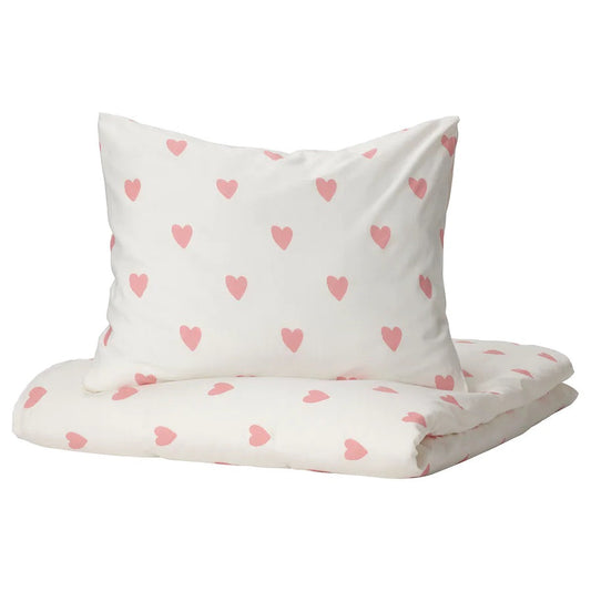 BARNDRÖM Duvet cover and pillowcase, heart pattern white/pink150x200/50x80 cm
