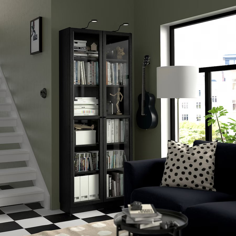 BILLY / OXBERG Bookcase with glass doors, black oak effect, 80x30x202 cm