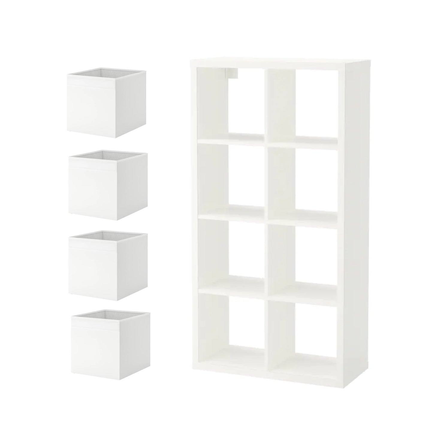 KALLAX/DRÖNA Shelving unit, white77x147 cm & 4 Box, patterned33x38x33 cm