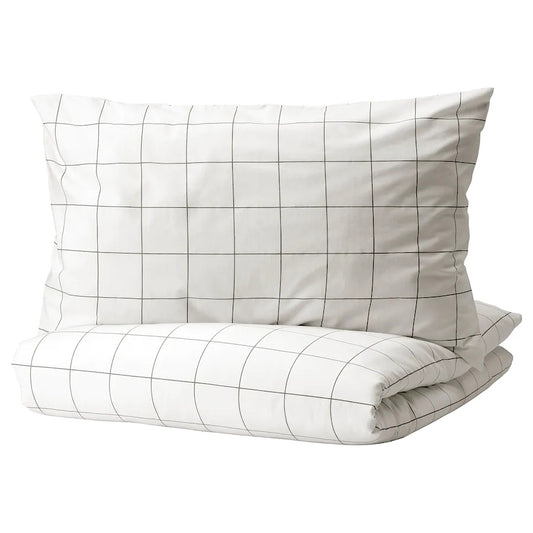 VITKLÖVER Duvet cover and pillowcase, white black/check150x200/50x80 cm