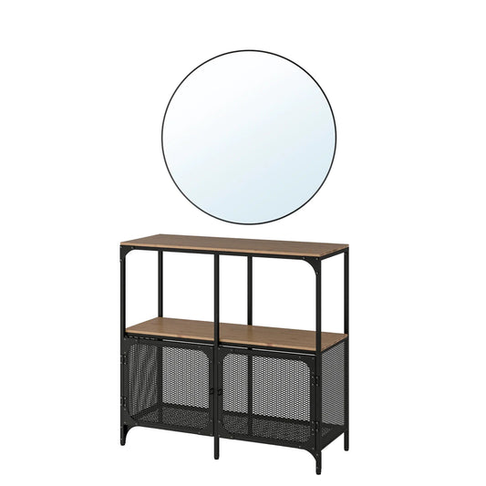 LINDBYN/FJÄLLBO mirror 80cm & Shelving unit, black100x95 cm