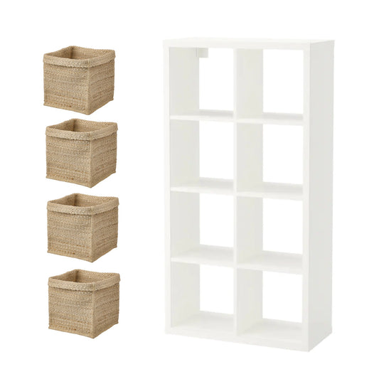 KALLAX/TJILLEVIPS Shelving unit, white77x147 cm & 4 Basket, jute30x30x30 cm