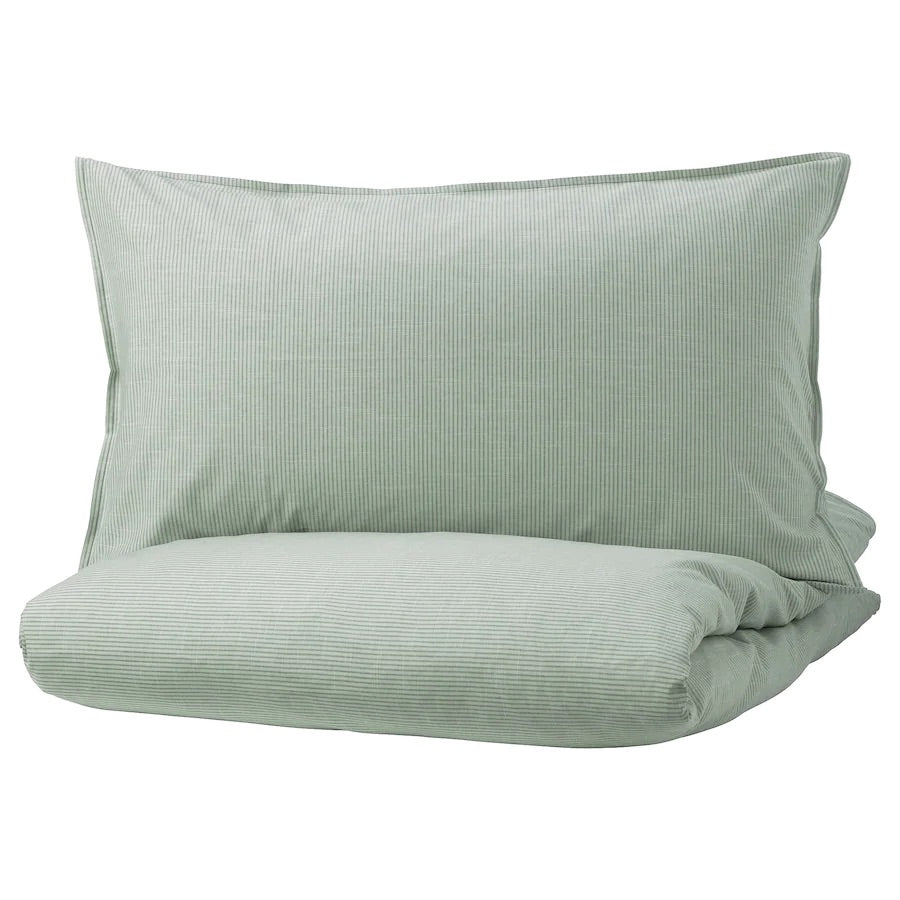 BERGPALM Duvet cover and 2 pillowcases, green/stripe240x220/50x80 cm