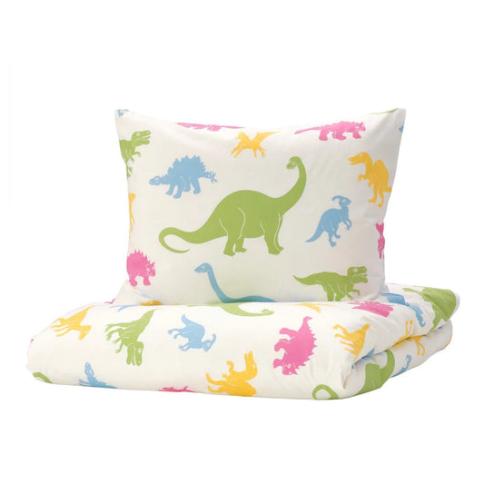 JÄTTELIK Duvet cover and pillowcase, dinosaur/multicolour150x200/50x80 cm
