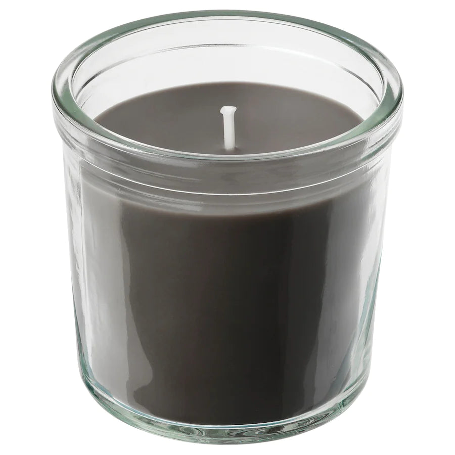 ENSTAKA Scented candle in glass, Bonfire/grey, 40 hr