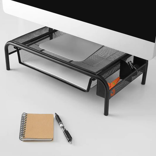 BRYTET Monitor stand with drawer, mesh/black