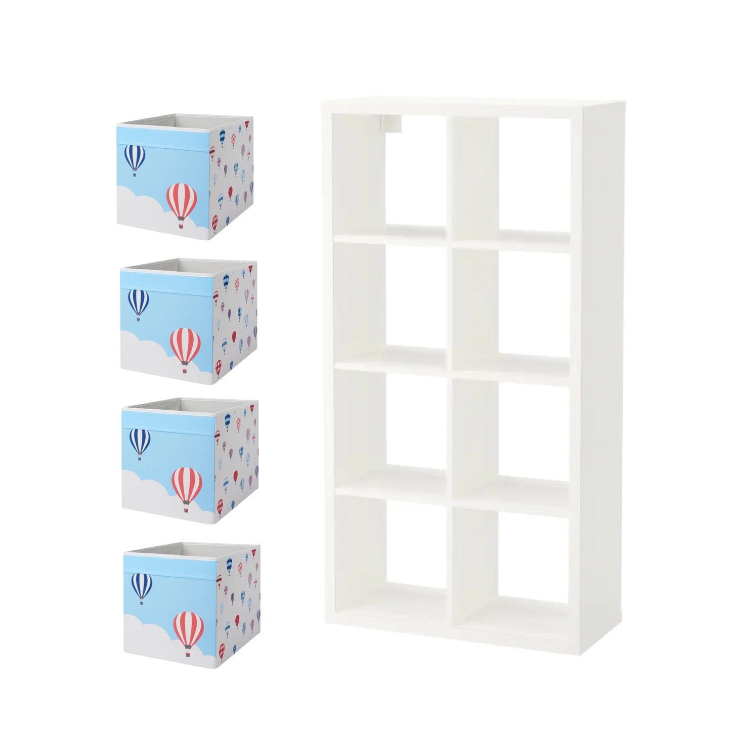 KALLAX/UPPTÅG Shelving unit, white77x147 cm & 4 Box, patterned33x38x33 cm