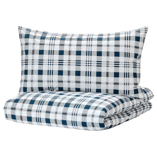 SPIKVALLMO Duvet cover and 2 pillowcases, white blue/check200x200/50x80 cm