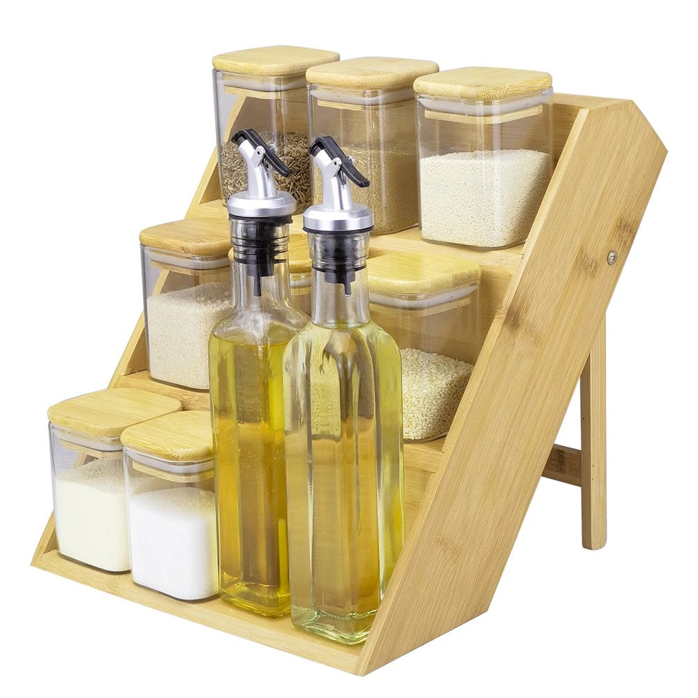 KÜTILAPAM Borosilicate bamboo 8 spice jars, 2 oil bottles & rack ...