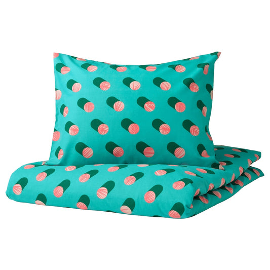 GRACIÖS Duvet cover and pillowcase, dotted/pink turquoise150x200/50x80 cm
