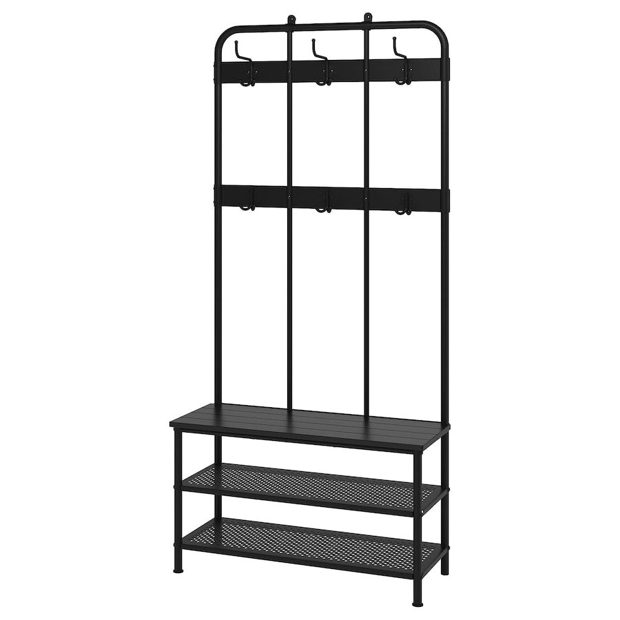 [pre-order] IKEA PINNIG Coat rack with shoe storage bench, black, 193x37x90 cm