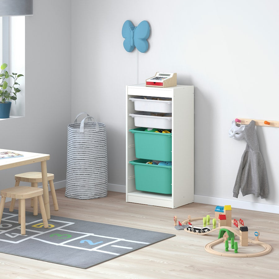 TROFAST Storage combination with boxes, white/white turquoise 46x30x95 cm