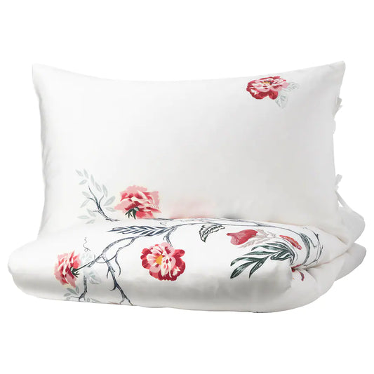 JÄTTELILJA Duvet cover and pillowcase, white/floral patterned150x200/50x80 cm