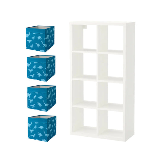 KALLAX/JÄTTELIK Shelving unit, white77x147 cm & 4 Box, patterned33x38x33 cm