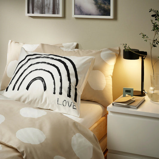 KLYNNETÅG Duvet cover and 2 pillowcases, beige/white/dotted, 200x200/50x80 cm