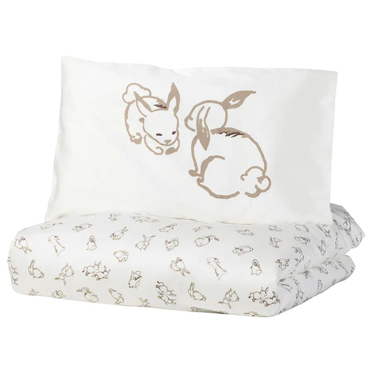 RÖDHAKE Duvet cover 1 pillowcase for cot, rabbit pattern/white/beige, 110x125/35x55 cm