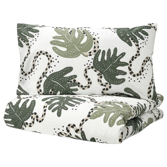 KLÄTTERKALLA Duvet cover and 2 pillowcases, white/green, 200x200/50x80 cm