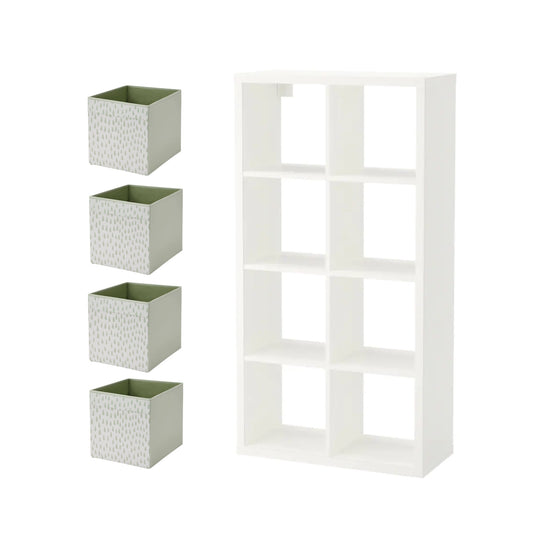KALLAX/DRÖNA Shelving unit, white77x147 cm & 4 Box, patterned33x38x33 cm